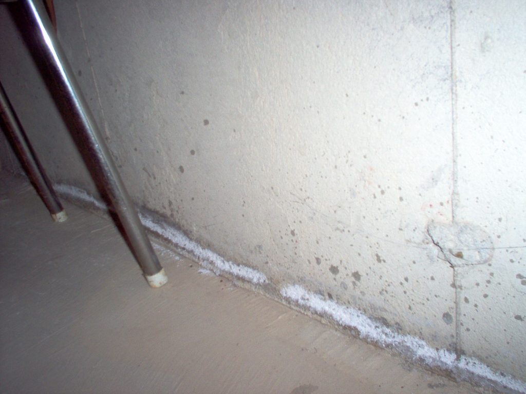 Example of water damage on a basement cement wall